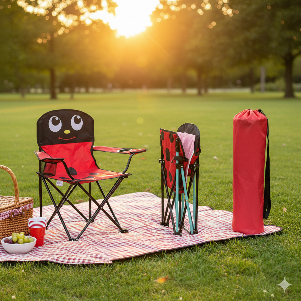 Uğur Böceği Çocuk Kamp Sandalyesi | Bardaklıklı, Kilitli, Çantalı Güvenli Katlanır Piknik & Plaj Koltuğu