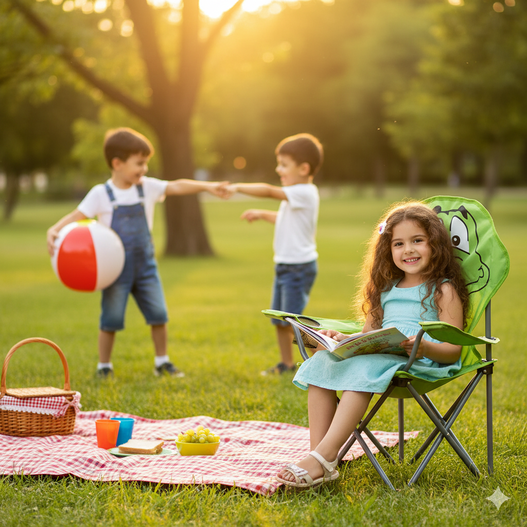 Yeşil Timsah Çocuk Kamp Sandalyesi | Çantalı Güvenli Katlanır Piknik & Plaj Koltuğu