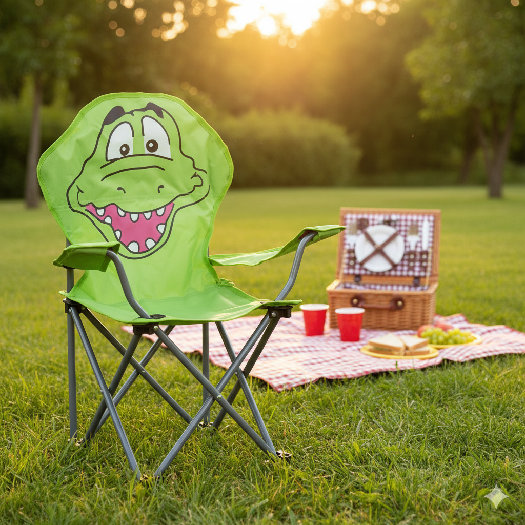 Yeşil Timsah Çocuk Kamp Sandalyesi | Çantalı Güvenli Katlanır Piknik & Plaj Koltuğu