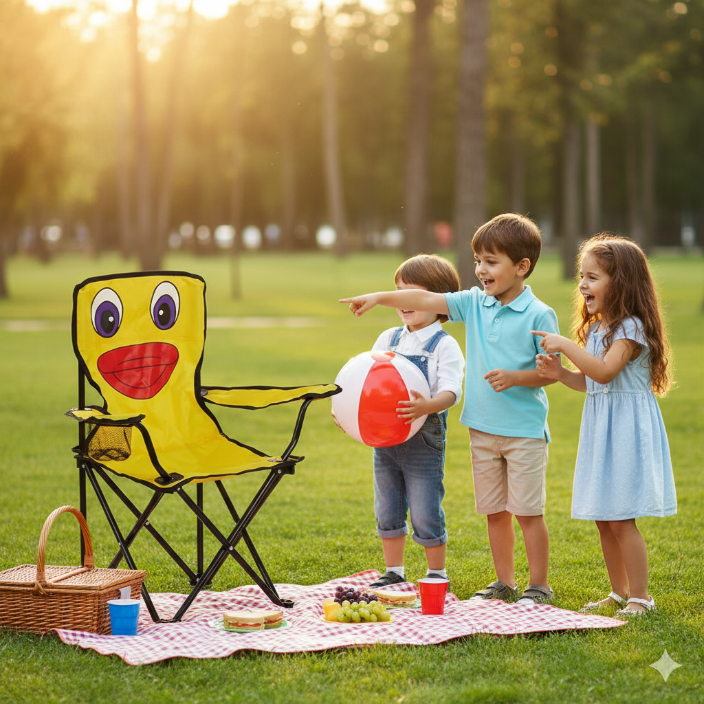 Civciv Çocuk Kamp Sandalyesi | Gerçek Güvenlik Kilitli, Bardaklıklı, Çantalı Katlanır Piknik & Plaj Koltuğu