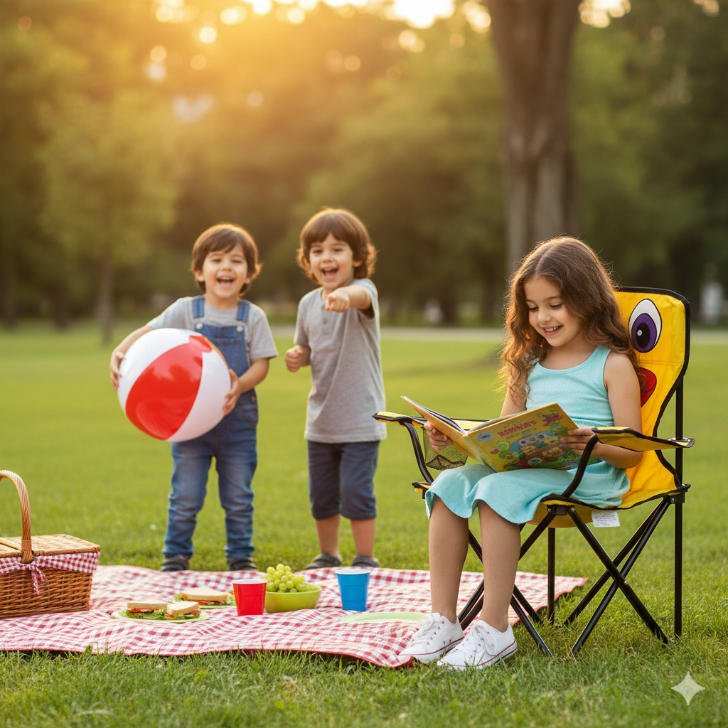 Civciv Çocuk Kamp Sandalyesi | Gerçek Güvenlik Kilitli, Bardaklıklı, Çantalı Katlanır Piknik & Plaj Koltuğu
