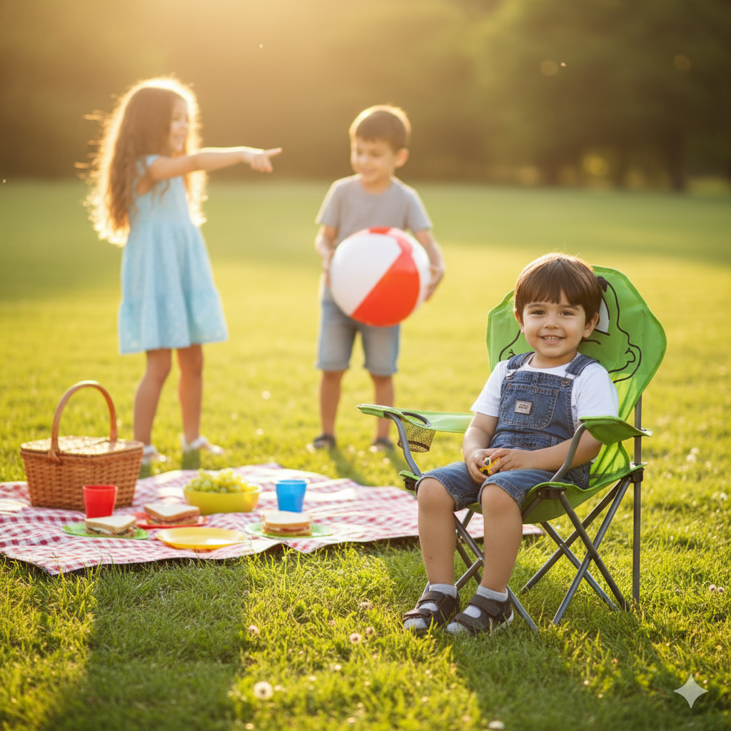 Yeşil Timsah Çocuk Kamp Sandalyesi | Çantalı Güvenli Katlanır Piknik & Plaj Koltuğu