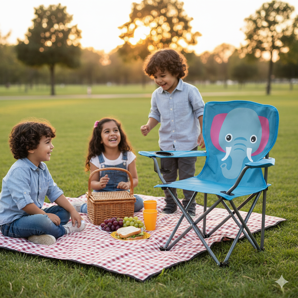 Mavi Fil Çocuk Kamp Sandalyesi | Çantalı Güvenli Katlanır Piknik & Plaj Koltuğu