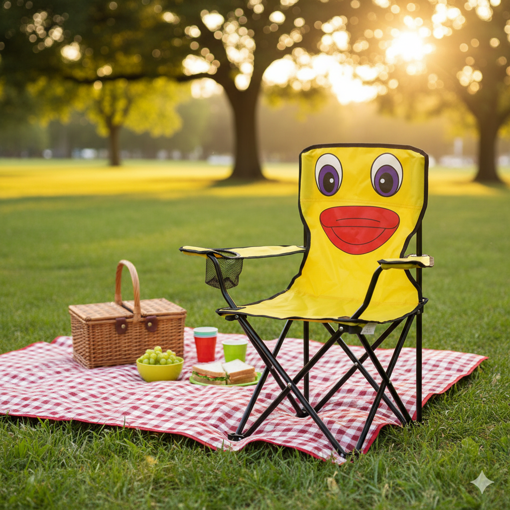Civciv Çocuk Kamp Sandalyesi | Gerçek Güvenlik Kilitli, Bardaklıklı, Çantalı Katlanır Piknik & Plaj Koltuğu