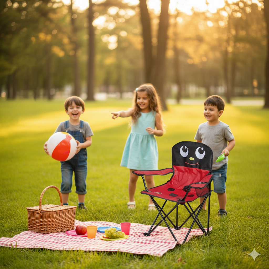 Uğur Böceği Çocuk Kamp Sandalyesi | Bardaklıklı, Kilitli, Çantalı Güvenli Katlanır Piknik & Plaj Koltuğu