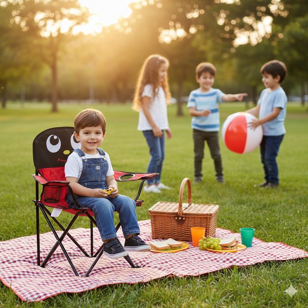 Uğur Böceği Çocuk Kamp Sandalyesi | Bardaklıklı, Kilitli, Çantalı Güvenli Katlanır Piknik & Plaj Koltuğu
