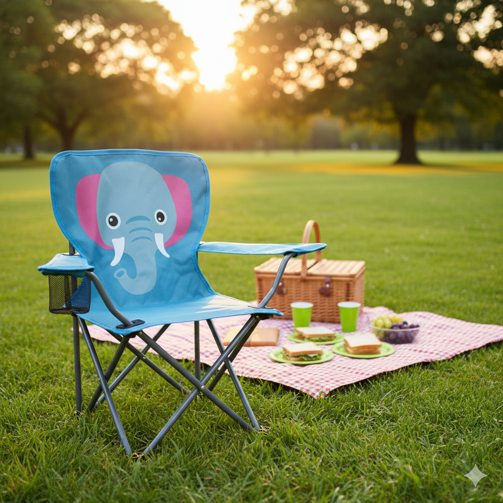 Mavi Fil Çocuk Kamp Sandalyesi | Çantalı Güvenli Katlanır Piknik & Plaj Koltuğu