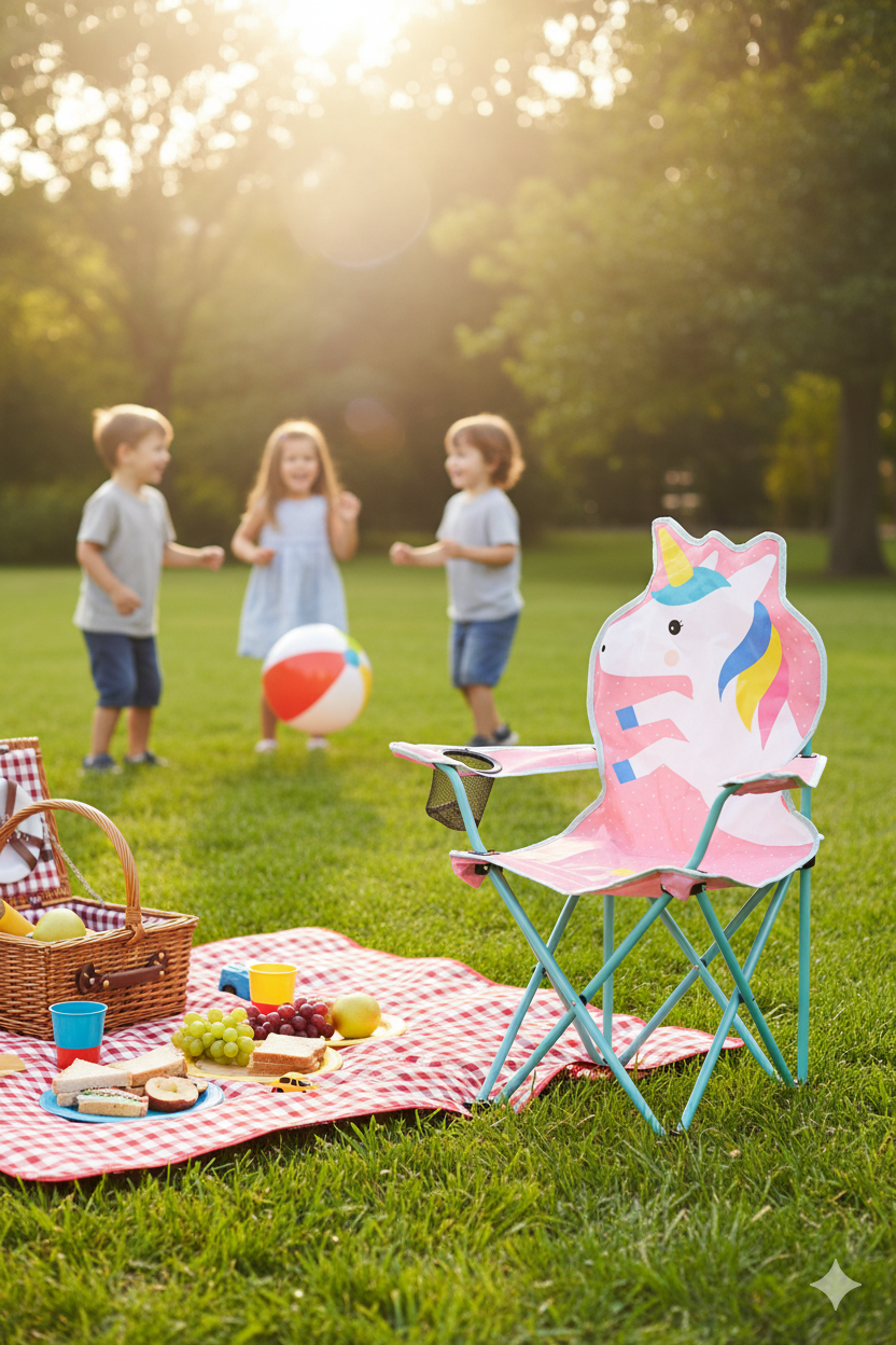 Pembe Unicorn Çocuk Kamp Sandalyesi | Bardaklıklı, Çantalı Güvenli Katlanır Piknik & Plaj Koltuğu