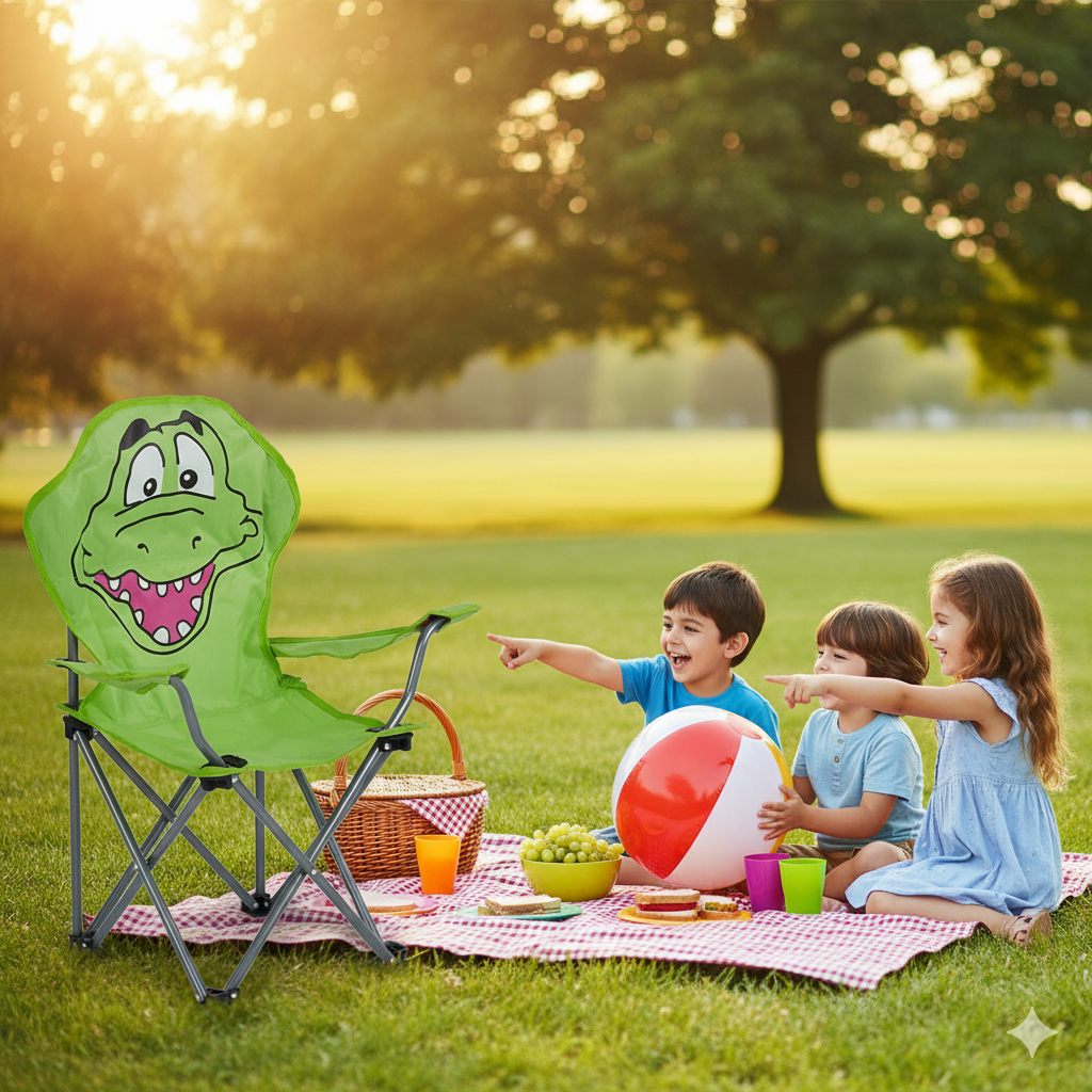 Yeşil Timsah Çocuk Kamp Sandalyesi | Çantalı Güvenli Katlanır Piknik & Plaj Koltuğu