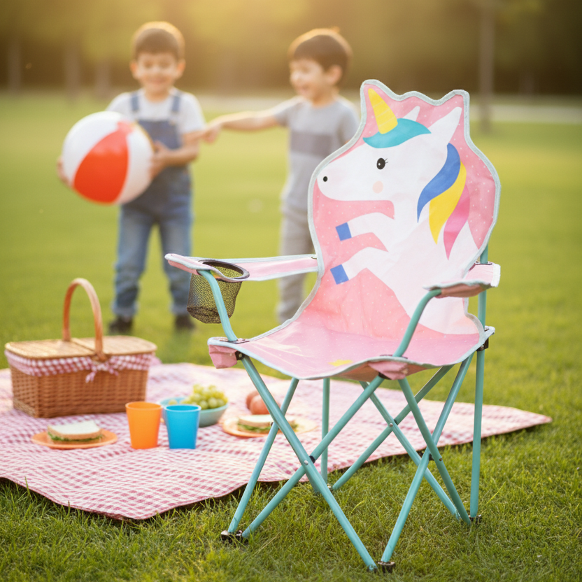 Pembe Unicorn Çocuk Kamp Sandalyesi | Bardaklıklı, Çantalı Güvenli Katlanır Piknik & Plaj Koltuğu