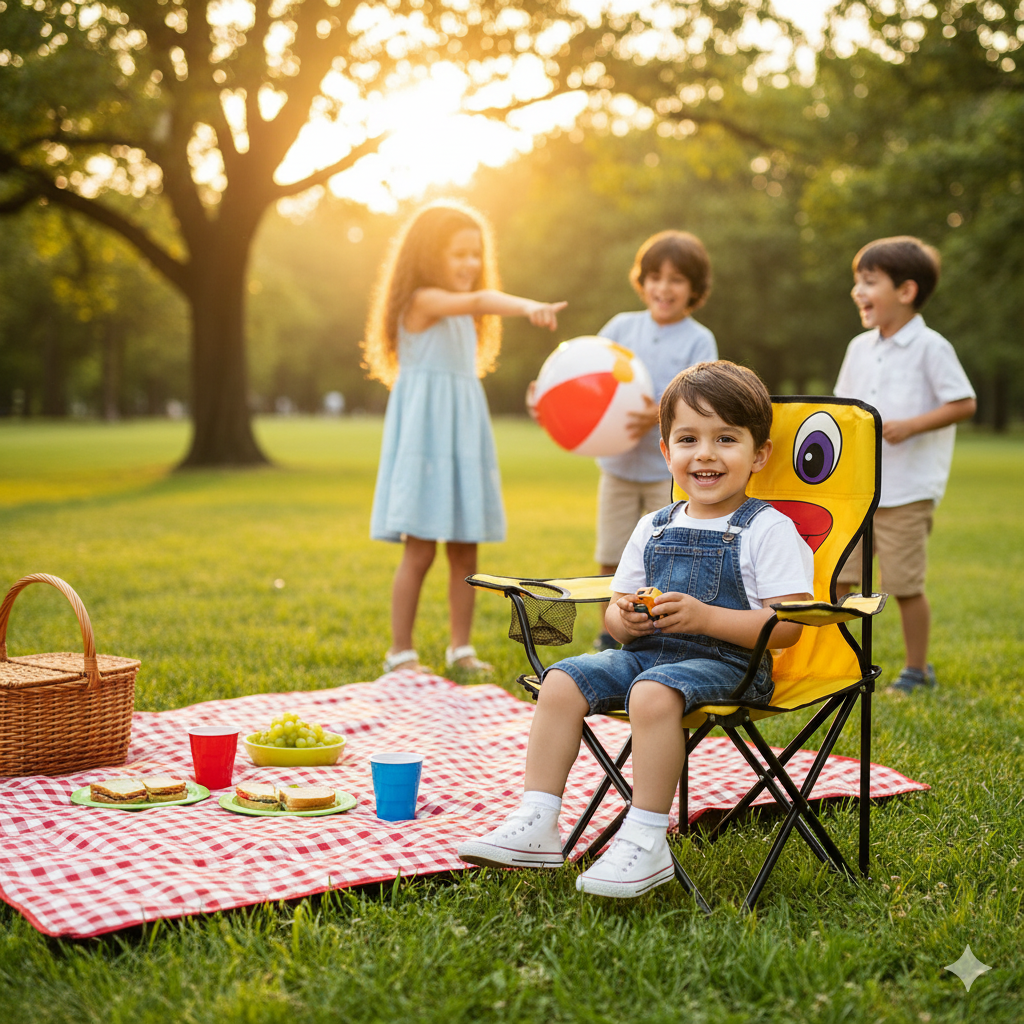 Civciv Çocuk Kamp Sandalyesi | Gerçek Güvenlik Kilitli, Bardaklıklı, Çantalı Katlanır Piknik & Plaj Koltuğu