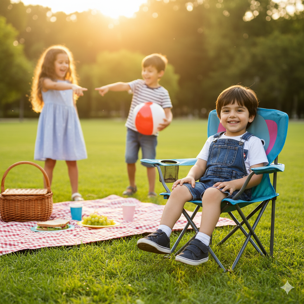 Mavi Fil Çocuk Kamp Sandalyesi | Çantalı Güvenli Katlanır Piknik & Plaj Koltuğu