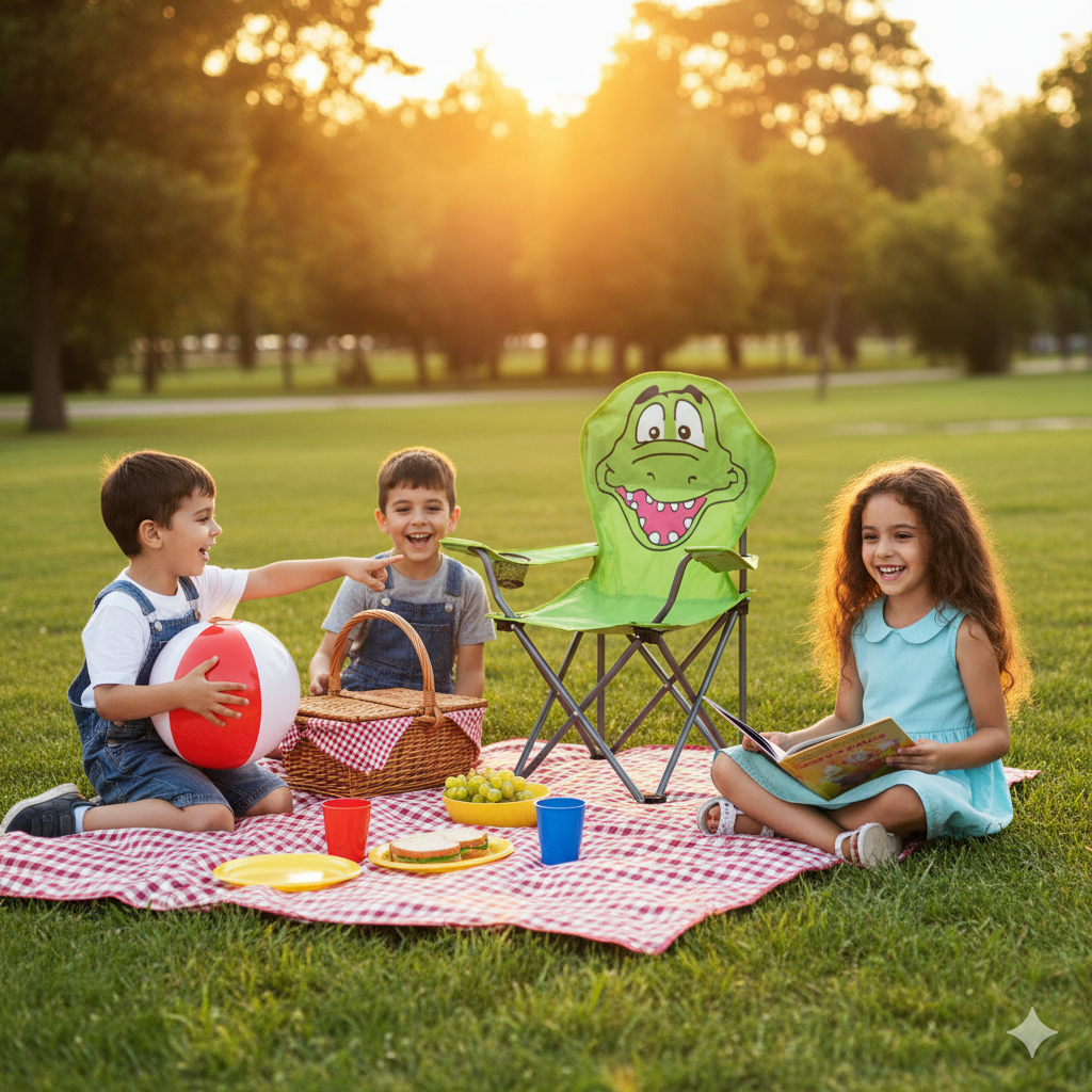 Yeşil Timsah Çocuk Kamp Sandalyesi | Çantalı Güvenli Katlanır Piknik & Plaj Koltuğu