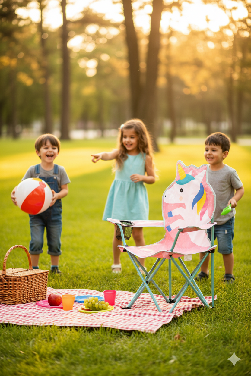 Pembe Unicorn Çocuk Kamp Sandalyesi | Bardaklıklı, Çantalı Güvenli Katlanır Piknik & Plaj Koltuğu